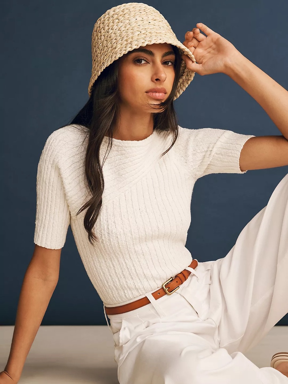 Maeve by Anthropologie Ribbed Knit T-Shirt Cream